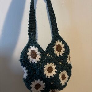 Handmade Crochet Floral Bag - Green and Brown